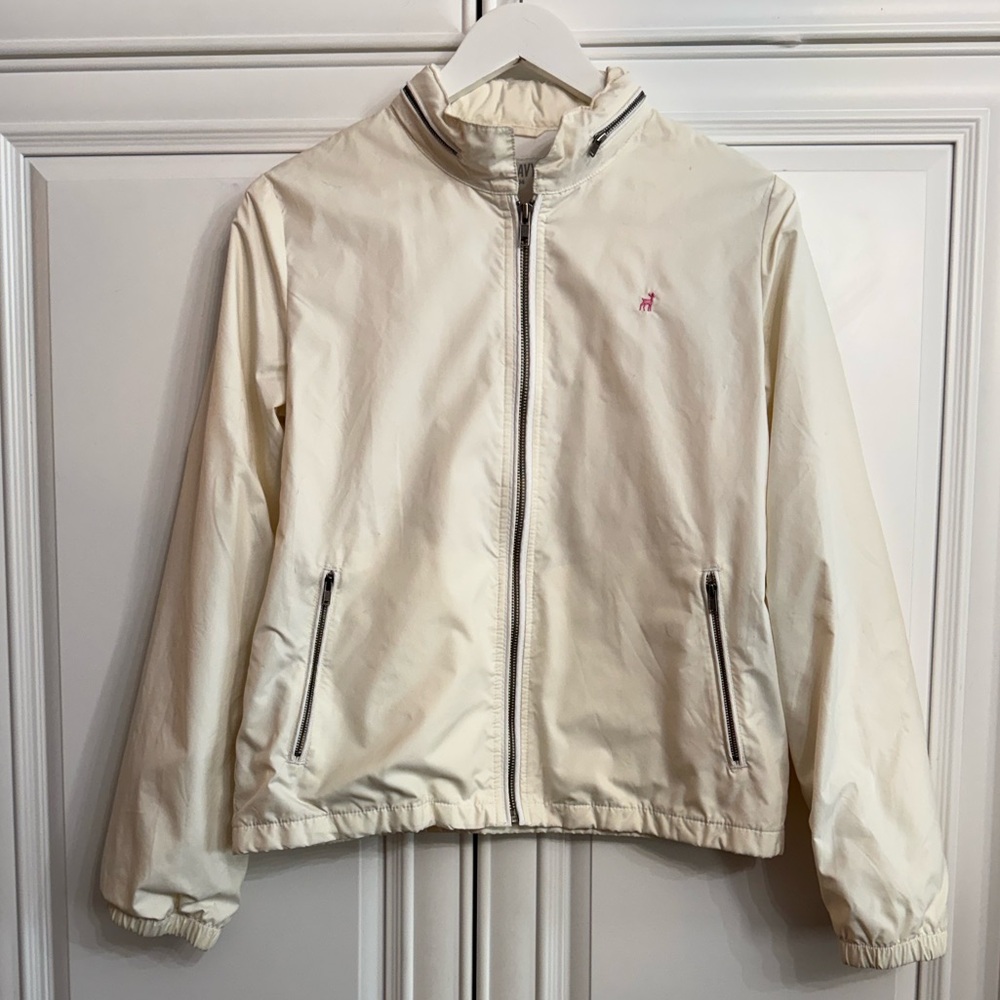 Old Navy Women's Size Medium Cream Windbreaker Jacket Zip Closure Hidden Hood